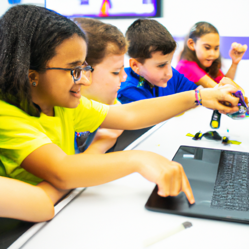 Kids collaborating around laptops in a colorful classroom with robotics blocks, joyful coding workshop.