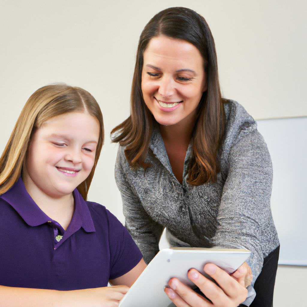 Mentor kindly guiding a smiling student with a tablet during coding session.